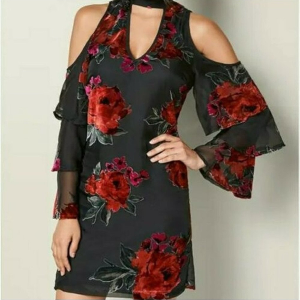 VENUS Long Sleeve Dress with Red Floral Design